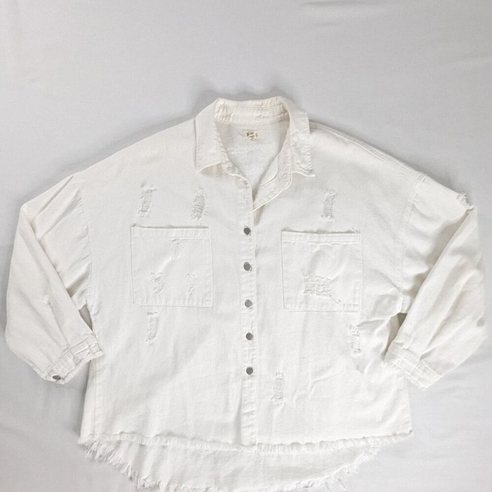 POL Distressed White Denim Oversized Button Up Raw Hem Jacket - Picture 1 of 8